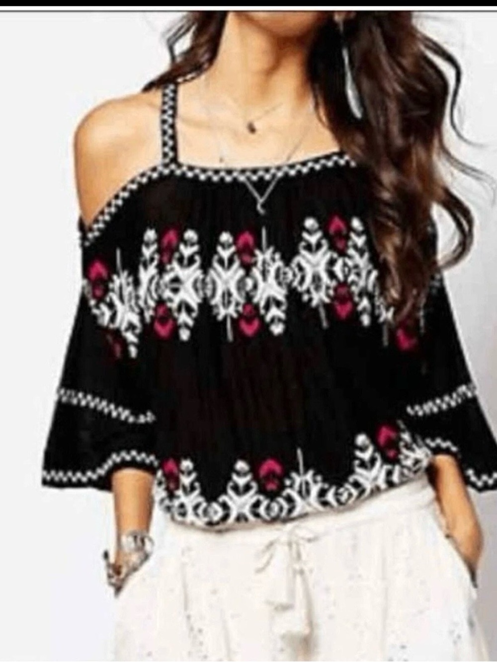 Free People Black Off-Shoulder Embroidered Top with Pink & White Accents